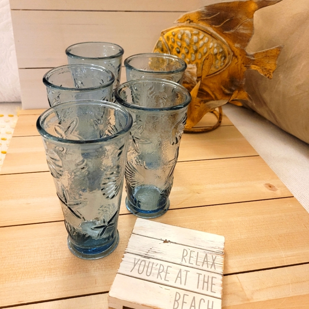 Glass Set of 5 Seashell Starfish Blue Beachware 💙